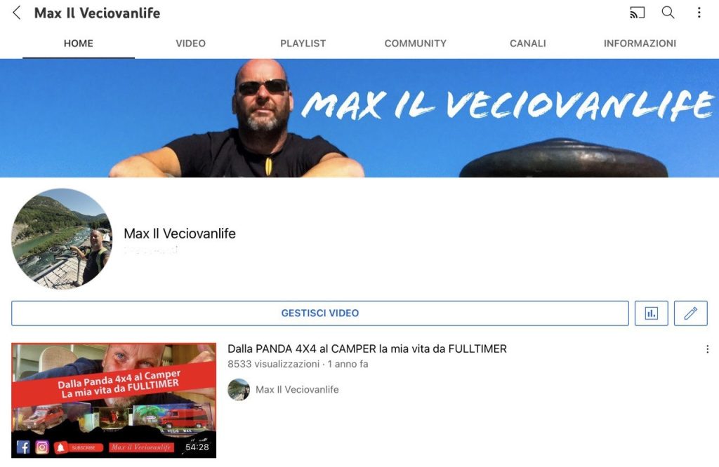 Homepage del canale Youtube
