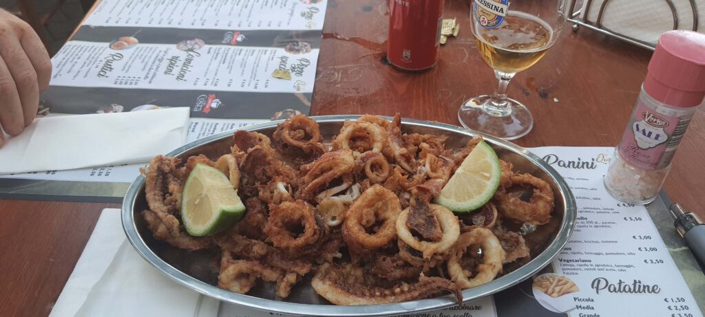 Piatto di calamari fritti che abbiamo mangiato in trattoria a Tindari, Messina 