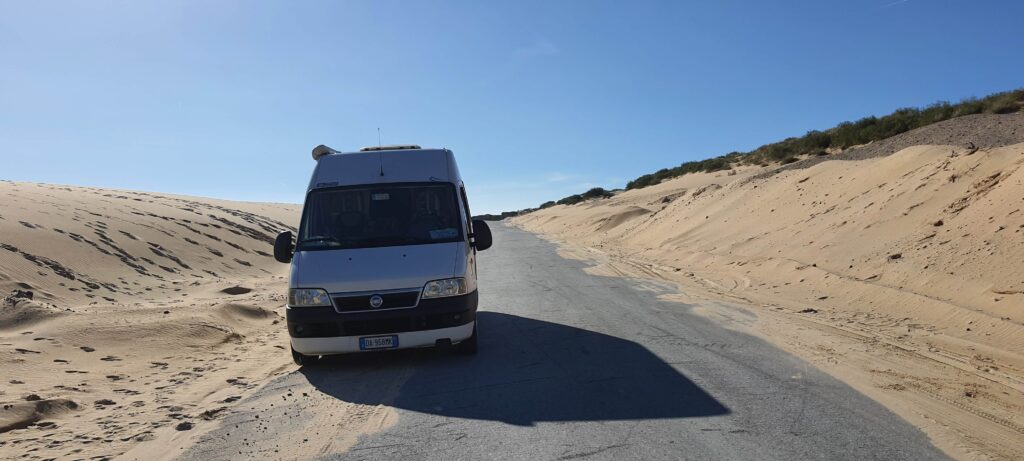 Mulon sulla strada davanti alla duna di Valdevaqueros, a Tarifa, in Spagna.